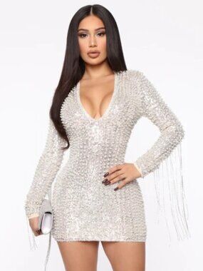 Fashion Nova For Tonight's Special Pearl Embellished Long Sleeve Mini Dress- XS